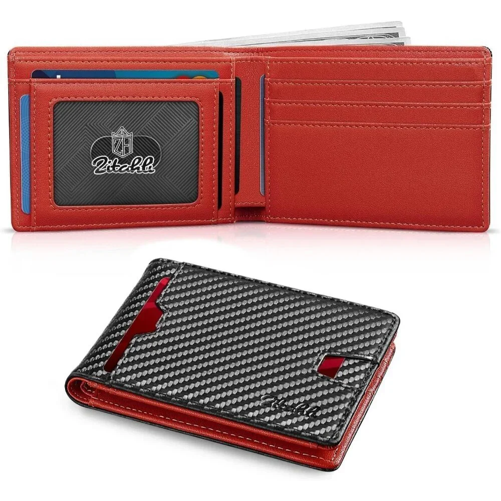 Men's Black Red Premium Vegan Leather Wallet Slim Blocking Credit Card Design